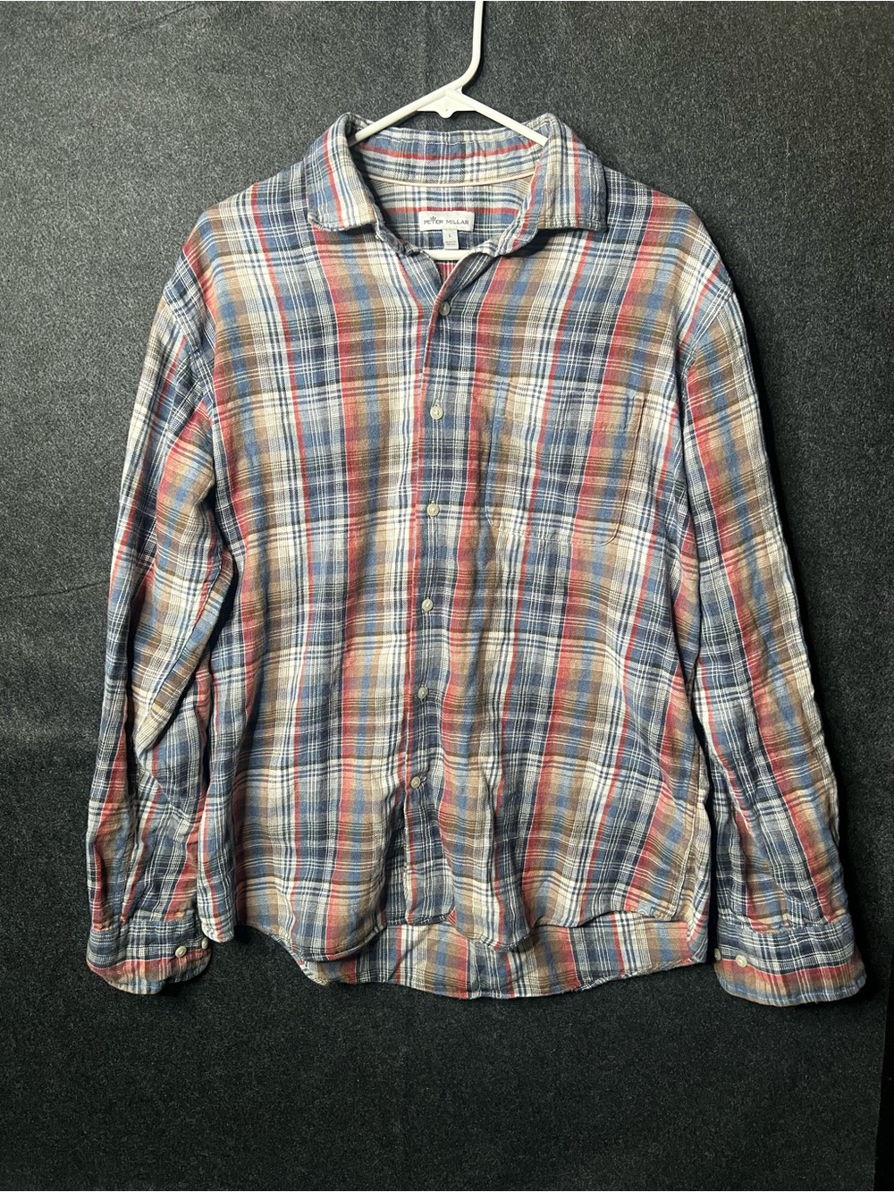 Peter Millar Men's Blue Red Brown Plaid Cotton Button-Up L Long Sleeve Shirt